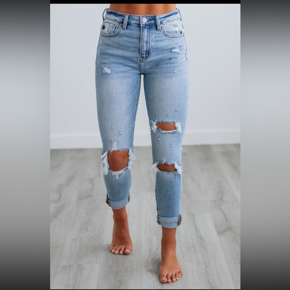 KanCan Blue Straight Leg Jeans with Distressed Details